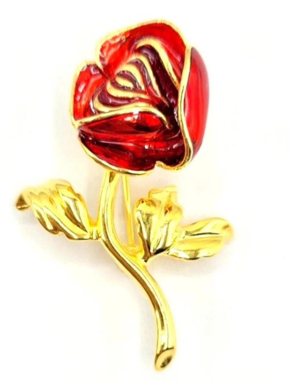 Joan Rivers Goldtone Red Enamel Red Rose Brooch Pin Signed